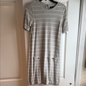 Banana Republic Striped Short-Sleeve Midi Dress in Light Gray and Cream